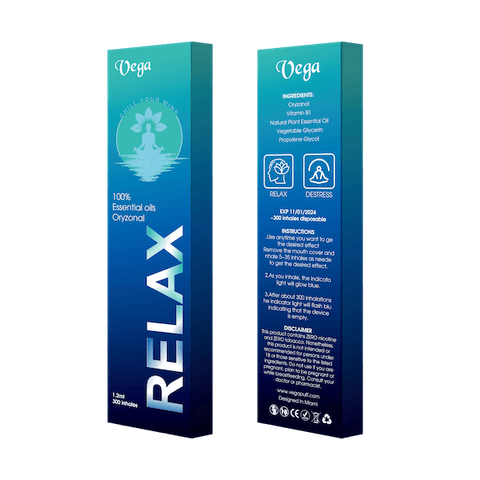 Vega Relax designed in Miami, contain Oryzanol and vitamin b. it's a vitamin that after inhaling the body absorbs the perfect dose of oryzanol and vitamin b to achieve a state of relaxation