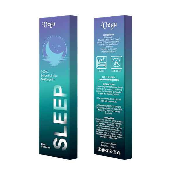 Vega Sleep designed in Miami, contain melatonin and L-Theanine. it's a vitamin that after inhaling the body absorbs the perfect healthy dose of melatonin and L-Theanine to achieve a state of relaxation  and sleep with ease. melatonin vitamin vape for better sleep